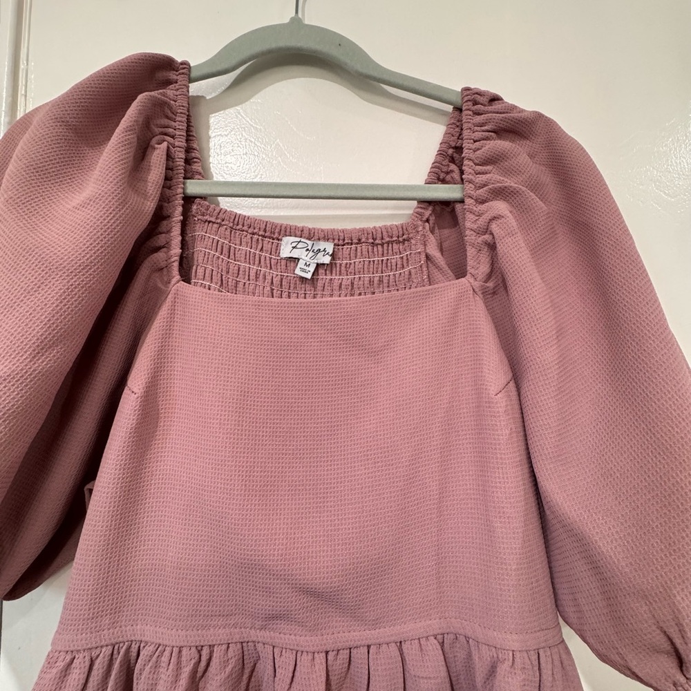 Polagram Rose-Pink Midi Dress with Puff Sleeves